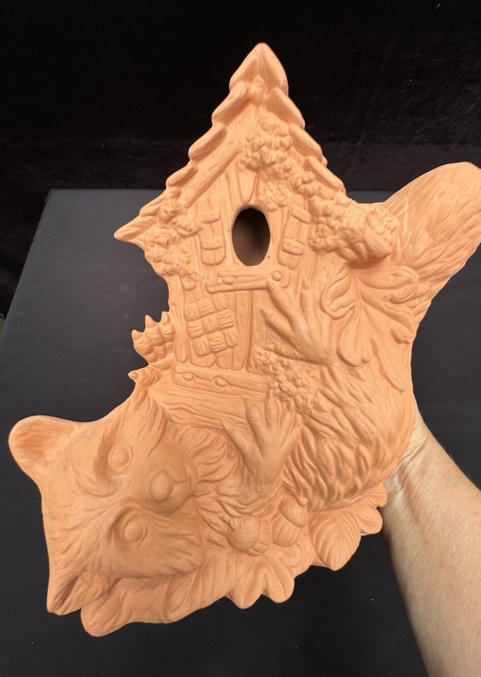 New Vtg Pottery Red Wear Scioto Mold Hanging Raccoon Birdhouse Garden Decor